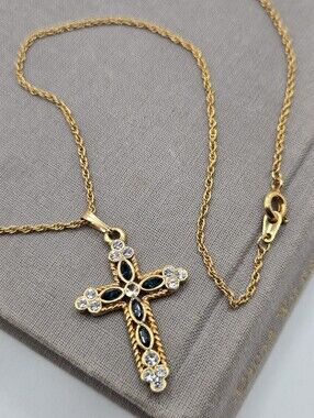 Gold Celtic Cross Crucifix Necklace Renaissance Faire Blue CZ Crystals 18"